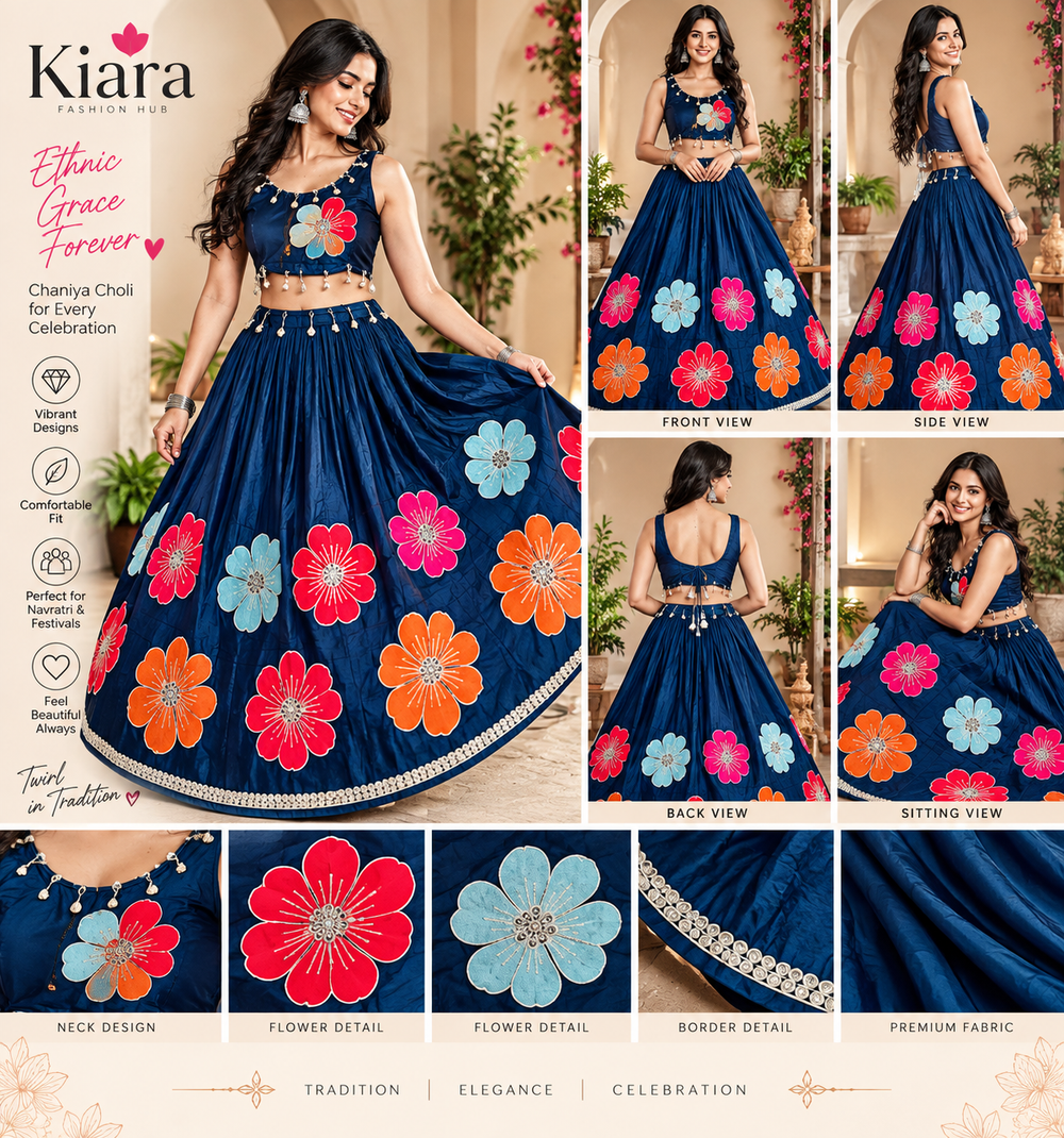 Navy Blue Floral Embellished Chaniya Choli, image 2