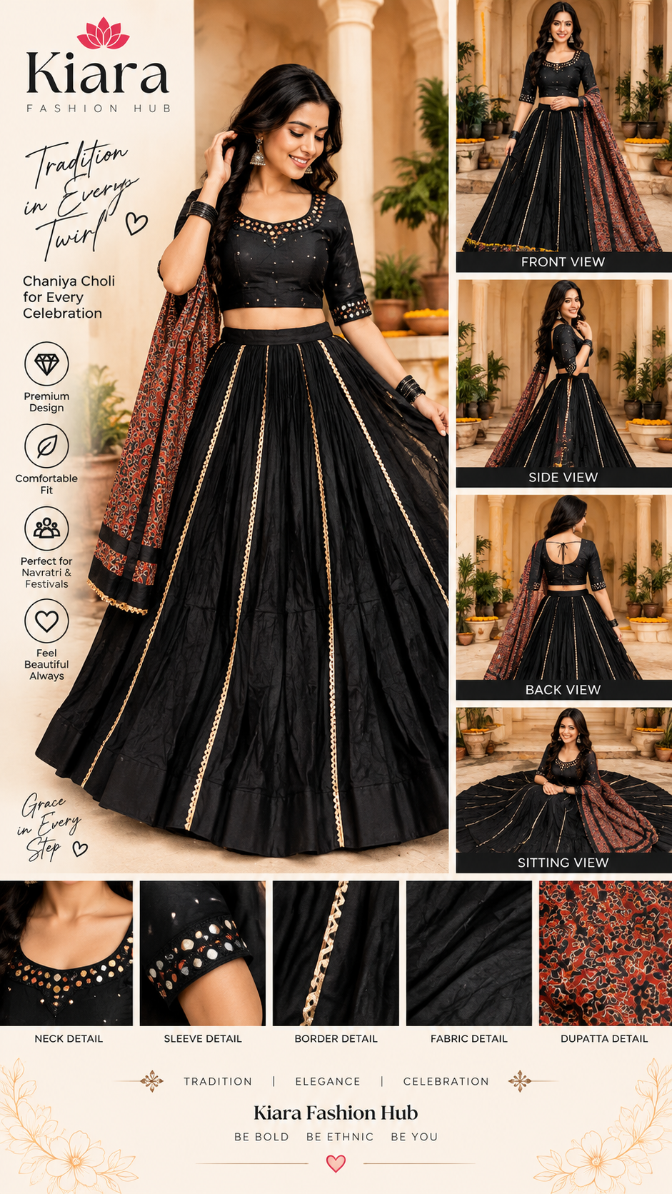 Black Elegant Chaniya Choli with Golden Borders