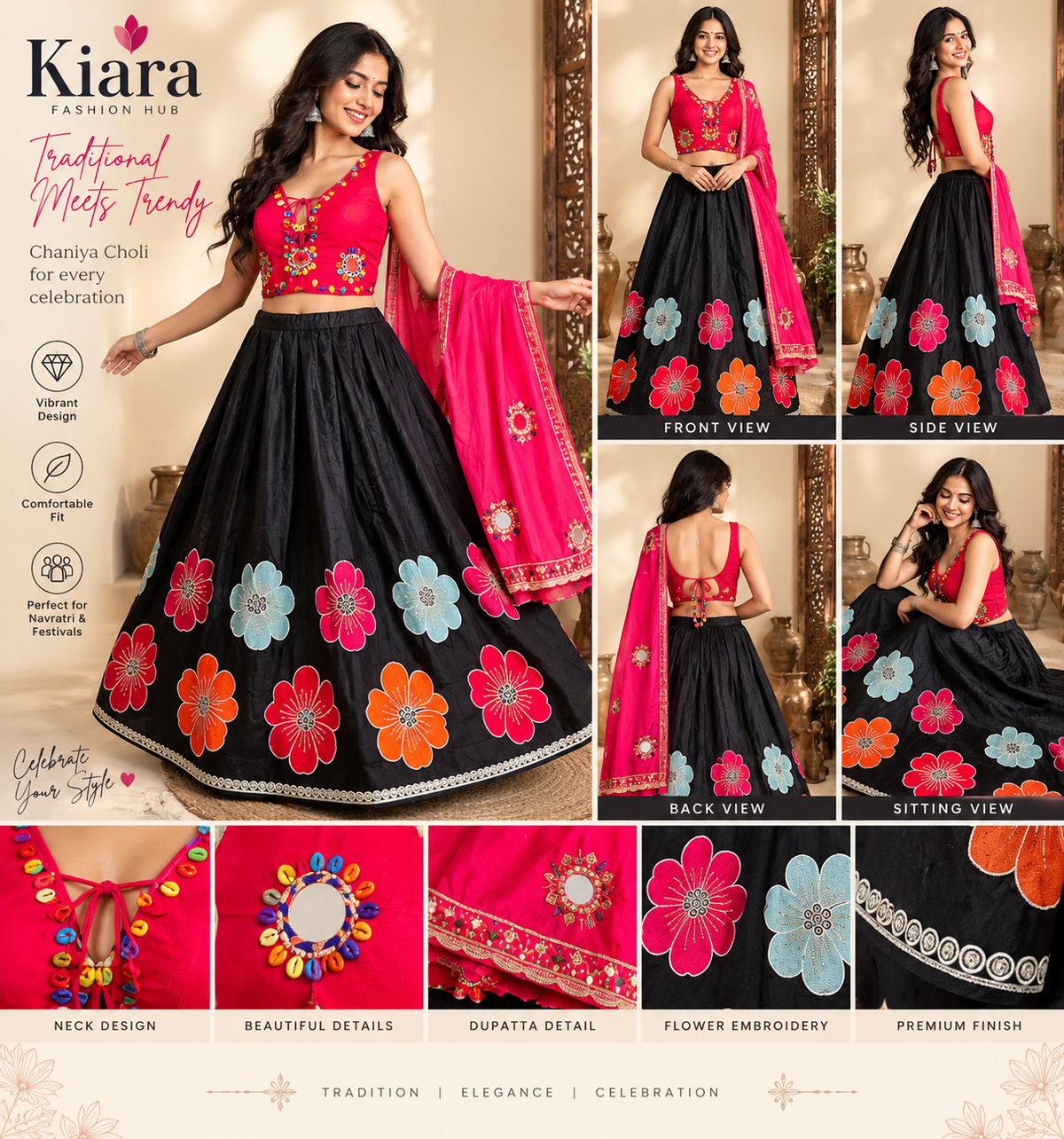 Navy Blue Floral Embellished Chaniya Choli, image 1