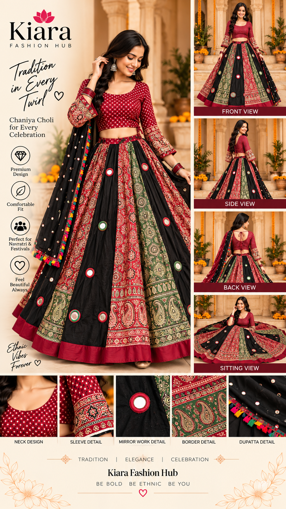 Maroon, Black & Green Traditional Mirror Work Chaniya Choli